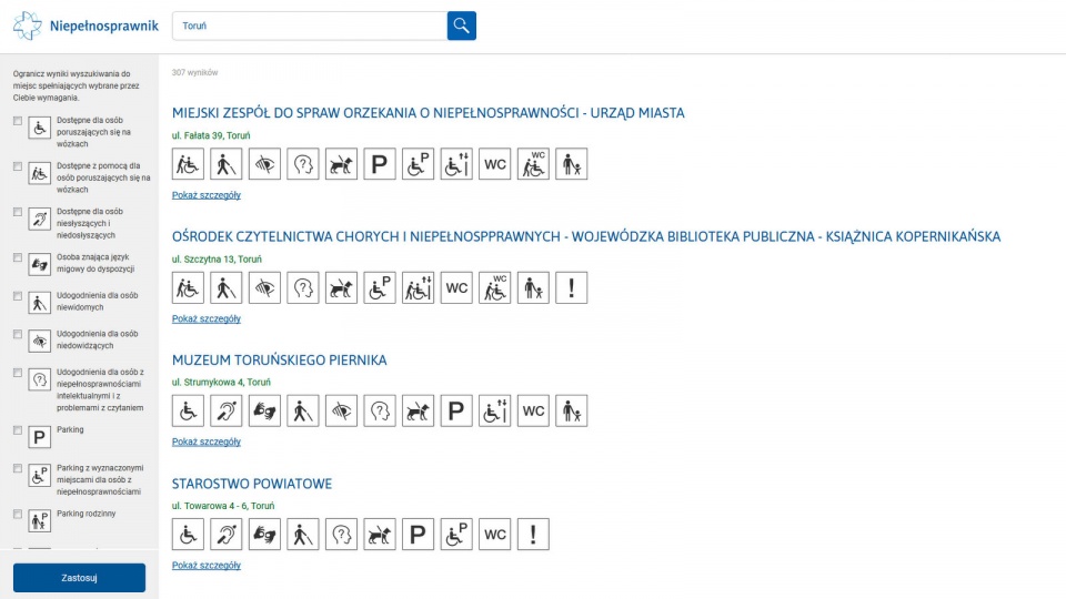 Wyszukiwarka pozwala sprawdzić dostępność obiektów dla osób z różnymi niepełnosprawnościami. Fot. zrzut ekranu