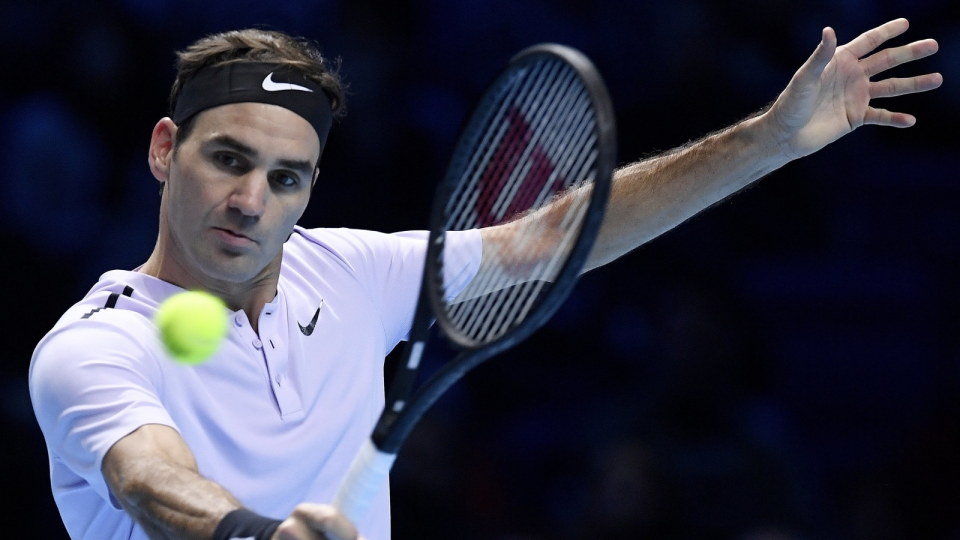 Na zdjęciu Szwajcar Roger Federer podczas swojego 1. meczu w ATP Finals 2017. Fot. PAP/EPA/WILL OLIVER