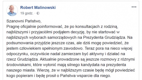 Prezydent Grudziądza Robert Malinowski nie powalczy o reelekcję