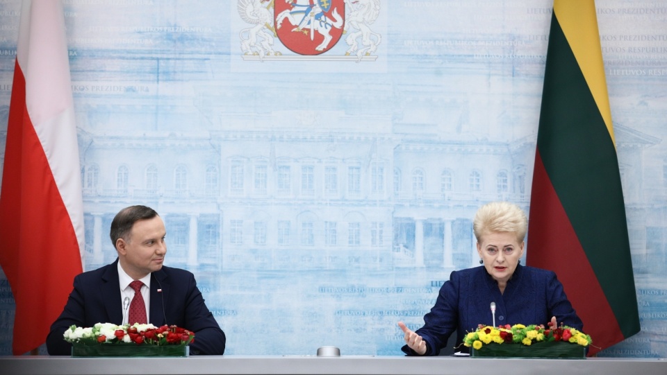 Wilno, Litwa. Prezydent RP Andrzej Duda (L) i prezydent Litwy Dalia Grybauskaite (P) podczas wspólnej konferencji prasowej, po spotkaniu w Wilnie. Fot. PAP/Leszek Szymański