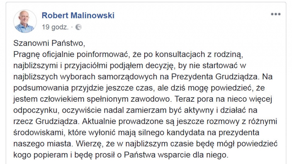 O swojej decyzji Robert Malinowski poinformował na portalu społecznościowym. Fot. Zrzut ekranu