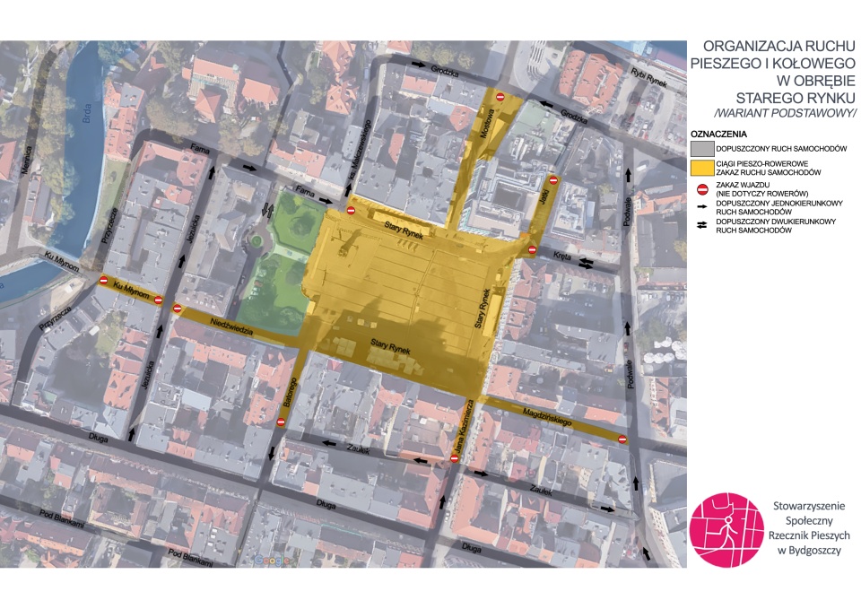 Mapa proponowanej przez Stowarzyszenie Społeczny Rzecznik Pieszych w Bydgoszczy organizacji ruchu na Starówce. Grafika nadesłana