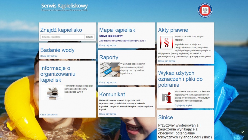 Informacje o bieżącej ocenie jakości wody w kąpieliskach publikowane są na stronie sk.gis.gov.pl. For. Zrzut ekranu