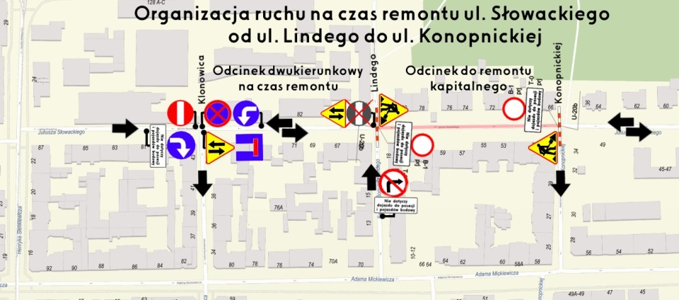 Organizacja ruchu na czas remontu odcinka ulicy Słowackiego.