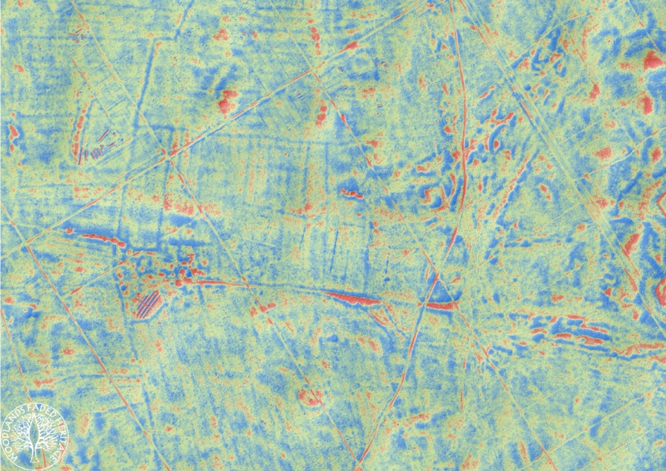 Zobrazowanie Local Relief Model ukazujące zachowany układ przestrzenny osady wraz z polami uprawnymi, miejscem gdzie mieszkali ludzie (obszar w centrum, pośród pól) oraz z zachowanymi reliktami drogi wychodzącej z osady (opracowanie J. Czerniec).