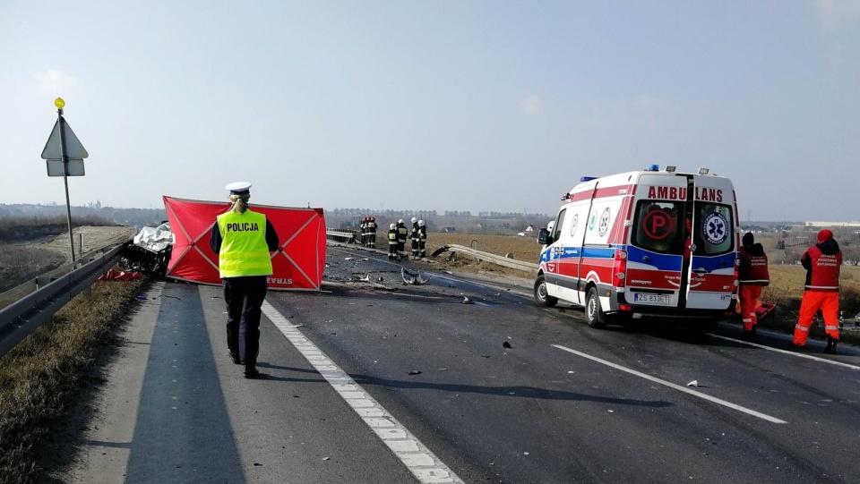 Samochód osobowy zjechał na przeciwległy pas i zderzył się z ciężarówką. Fot. Policja