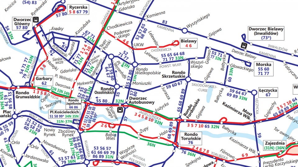 Fragment schematu połączeń komunikacji miejskiej w Bydgoszczy. Źródło: ZDMiKP w Bydgoszczy