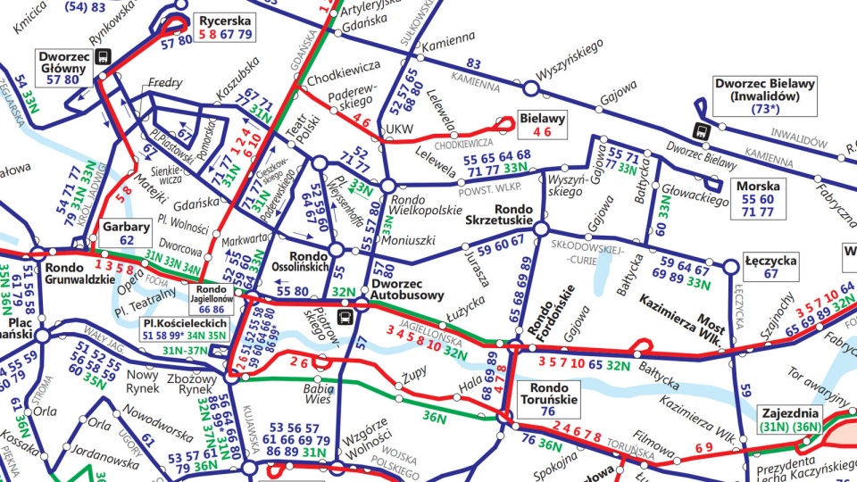 Fragment schematu połączeń komunikacji miejskiej w Bydgoszczy. Źródło: ZDMiKP w Bydgoszczy