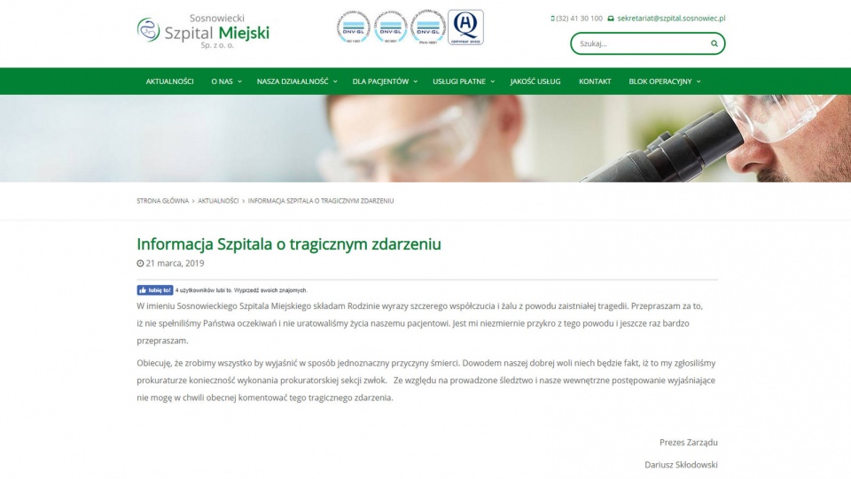 Rodzina zmarłego zarzuca personelowi bezduszność i zaniechania. Zrzut ekranu ze strony www.szpital.sosnowiec.pl