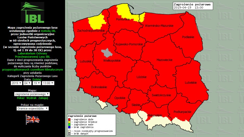 Mapa zagrożenia pożarowego lasów umieszczana jest codziennie na stronie internetowej http://bazapozarow.ibles.pl/zagrozenie