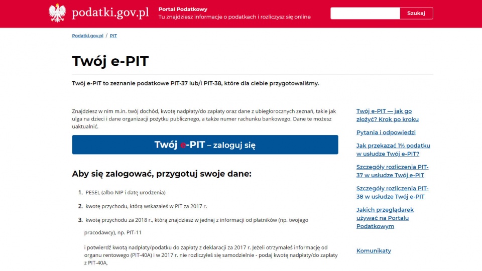 Ekran logowania do usługi Twój e-PIT. Źródło: www.podatki.gov.pl