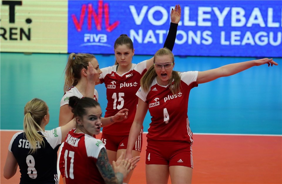 Polskie siatkarki w trakcie meczu z Belgią w 8. kolejce Ligi Narodów Kobiet 2019. Fot. materiały prasowe/volleyball.world