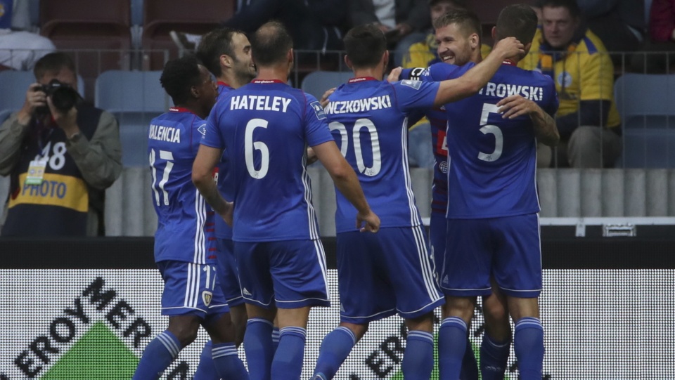 Piłkarze Piasta Gliwice cieszą się z bramki na 1:0 w wyjazdowym meczu z Bate Borysów w 1. rundzie eliminacji Ligi Mistrzów 2019/2020. Fot. PAP/EPA/TATYANA ZENKOVICH