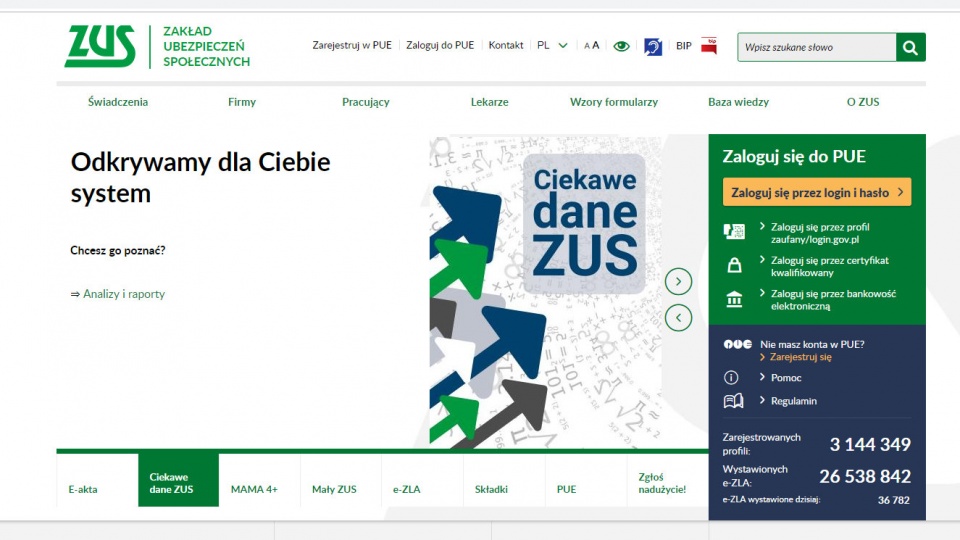 Zrzut ekranu ze strony www.zus.pl