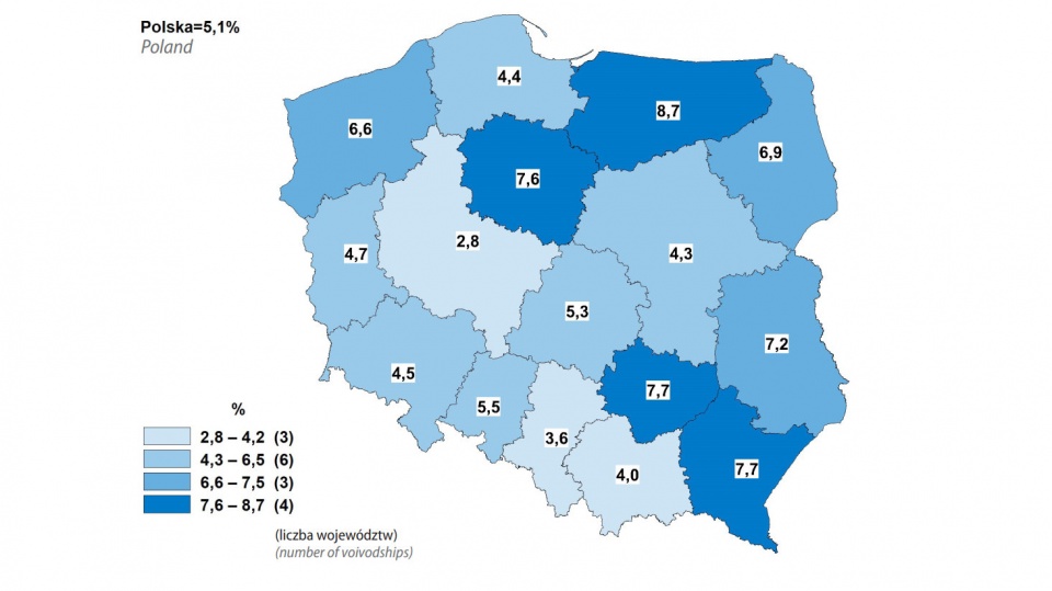 Bezrobocie w poszczególnych województwach. Grafika GUS/stat.gov.pl/