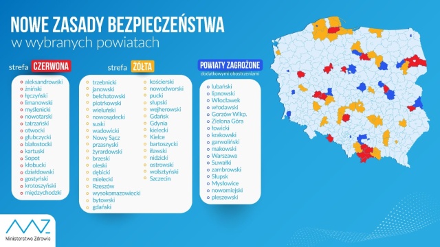 Resort zdrowia: 51 powiatów z obostrzeniami - 17 w strefie czerwonej, 34 w strefie żółtej