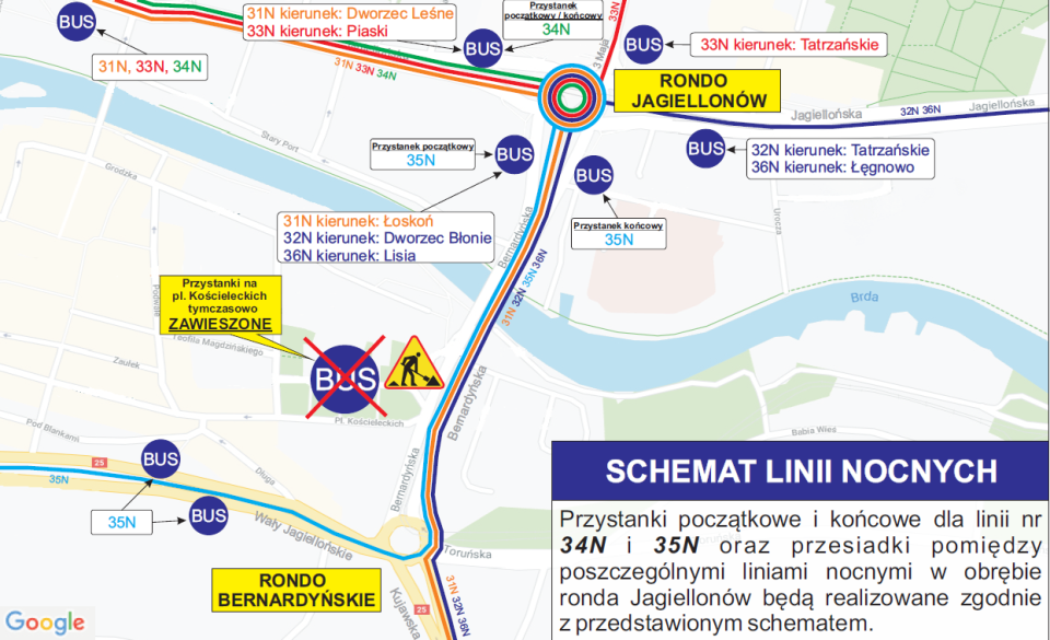 Zmiana lokalizacji przystanków na liniach nocnych – Pl. Kościeleckich/fot. materiały ZDMiKP