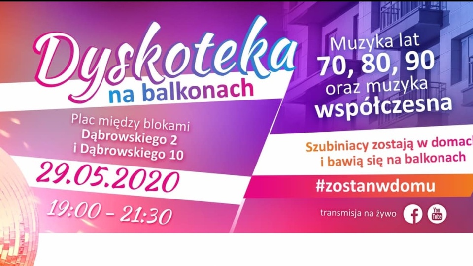 Balkonowa dyskoteka potrwa od godziny 19.00 do 21.30. Grafika nadesłana