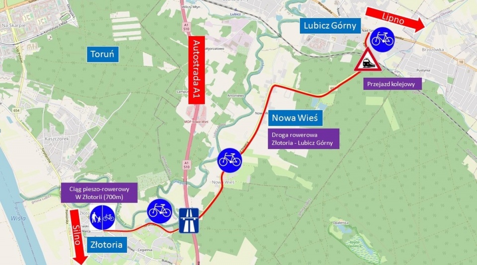 Poglądowa mapka przebiegu drogi rowerowej. Grafika: www.kujawsko-pomorskie.pl