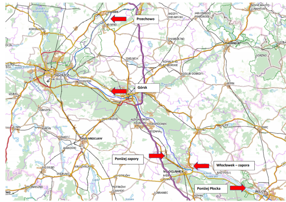 Mapa stanowisk do poboru próbek wody z Wisły./fot. WIOŚ