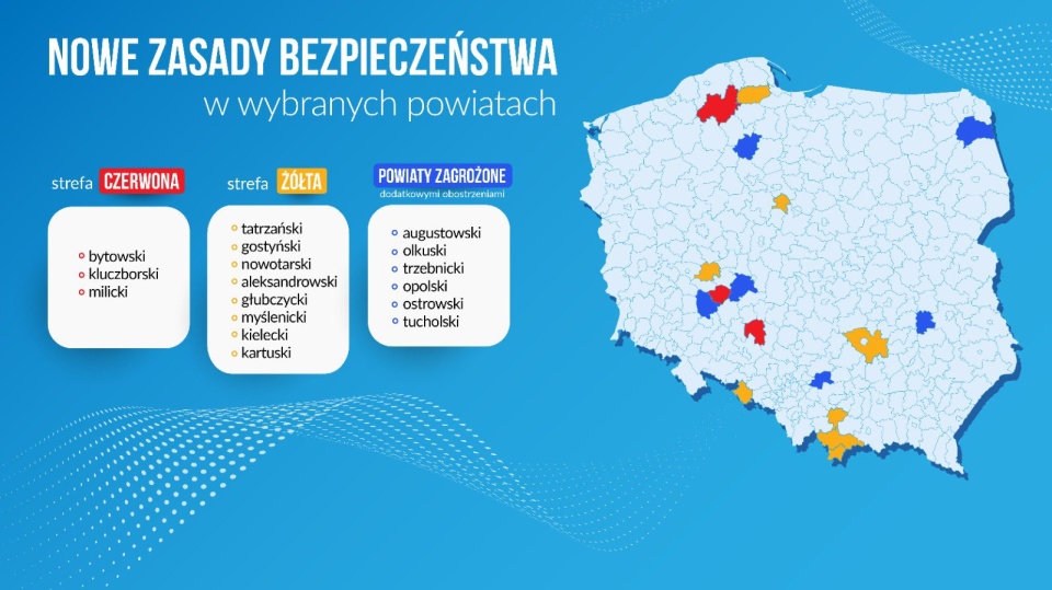 Wzrosła liczba powiatów objętych dodatkowymi obostrzeniami związanymi ze wzrostem zakażeń koronawirusem. Grafika: Ministerstwo Zdrowia