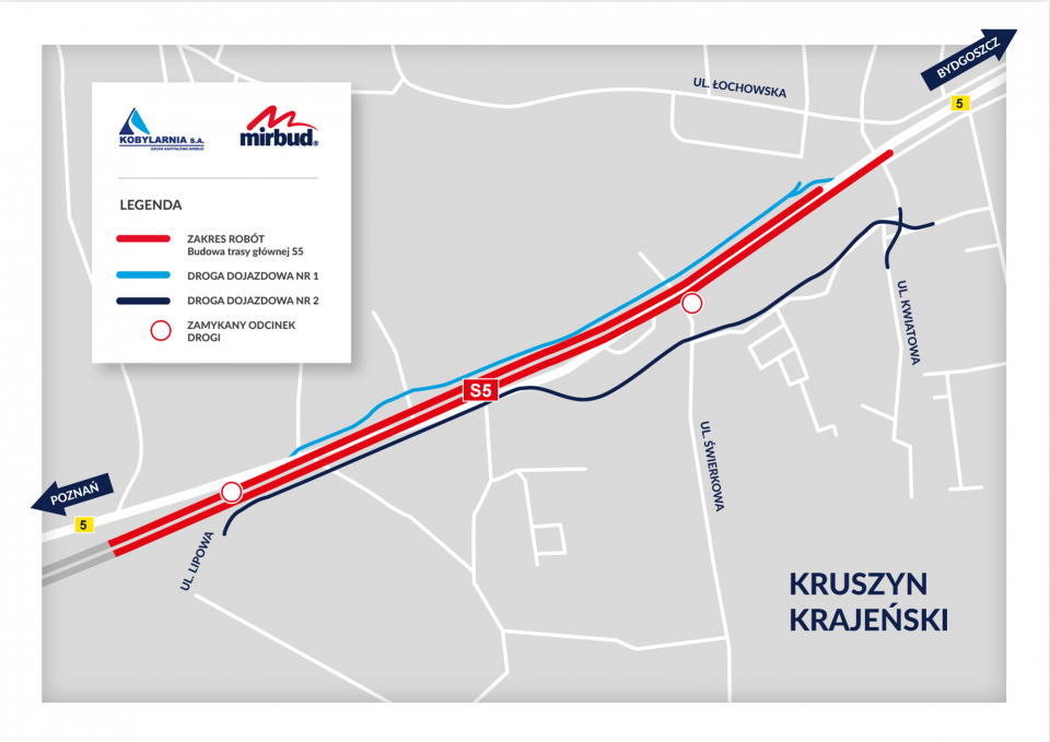 Utrudnienia związane z budową drogi ekspresowej S5. Trzeba uważać na trasie między węzłem Białe Błota a Szubinem./grafika: mirbud.pl