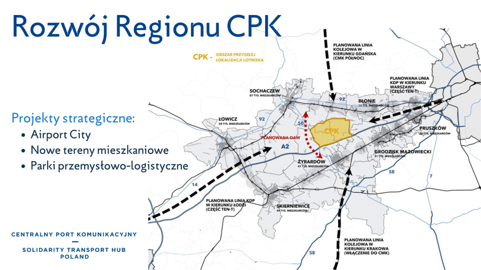 Wspólnie z samorządowcami z 26 gmin i siedmiu powiatów z Mazowieckiego i Łódzkiego spółka CPK chce wypracować optymalne rozwiązania dla regionu planowanych inwestycji Centralnego Portu Komunikacyjnego - poinformowała spółka. Jak dodała, w tej sprawie ruszyły w piątek konsultacje. Grafika nadesłana