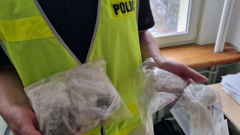 Funkcjonariusze znaleźli u 25-latka w domu dwie torebki z suszem roślinnym, dwie kolejne z białym proszkiem oraz jedną z żółtą substancją. Okazało się, że zabezpieczone substancje to amfetamina o wadze 54 gramy oraz ponad 24 gramy marihuany./fot. KMP Włocławek