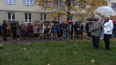 Nie dąb - bo przepisy nie pozwalają na sadzenie tak okazałego drzewa tak blisko budynku, a buk czerwonolistny został uroczyście - choć w strugach deszczu - posadzony przed Państwowym Zespołem Szkół Muzycznych w Bydgoszczy. Fot. Janusz Wiertel