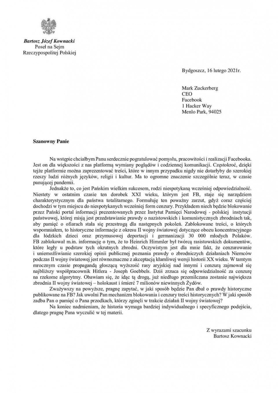 List Bartosza Kownackiego
