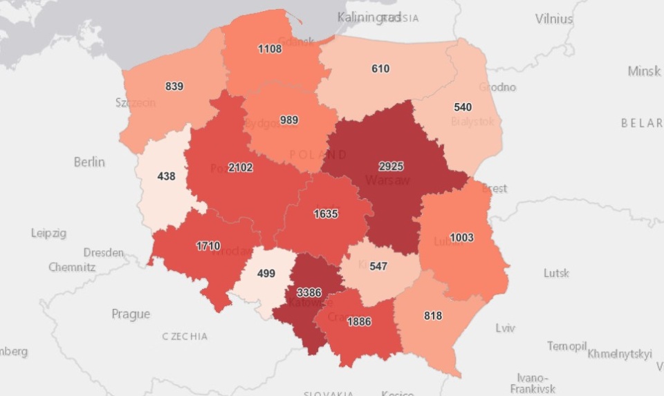 Liczba nowych zakażeń z podziałem na województwa, zgodnie z raportem Ministerstwa Zdrowia ze środy (14 kwietnia)/fot. gov.pl