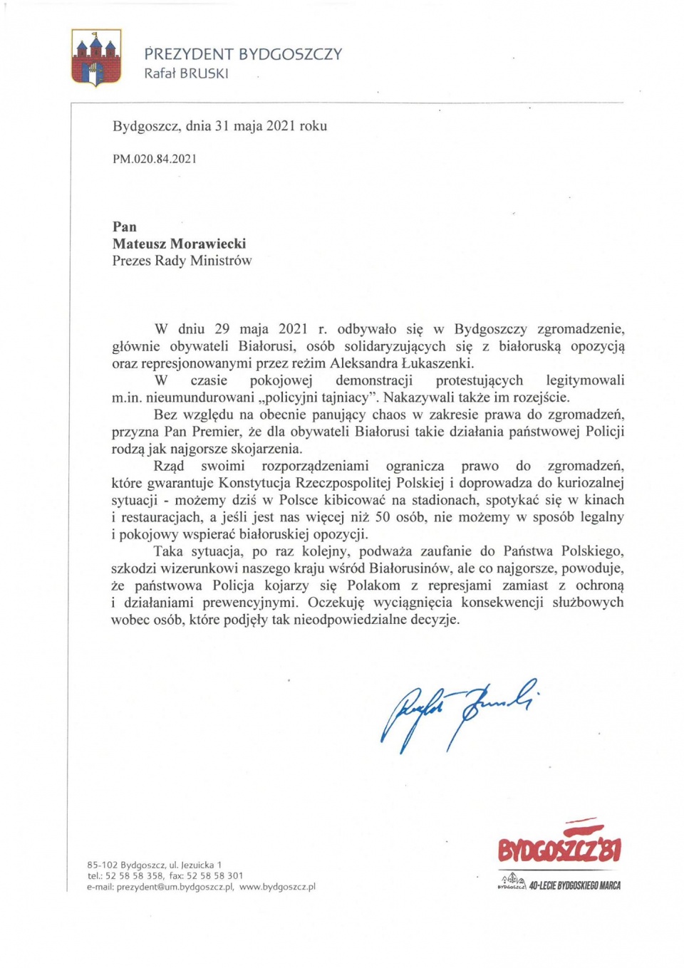 List prezydenta Bruskiego do premiera Morawieckiego