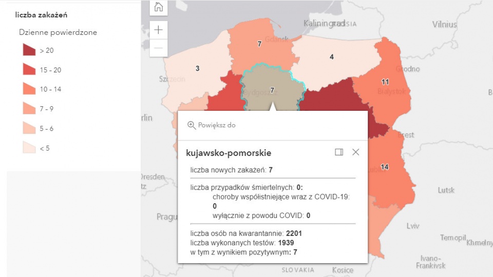 Mapa zakażeń koronawirusem w Polsce (7.08.2021) Źródło: https://www.gov.pl/web/koronawirus/wykaz-zarazen-koronawirusem-sars-cov-2