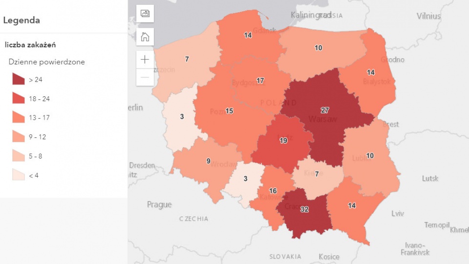Mapa zakażeń koronawirusem w Polsce (21.08.2021) Źródło: https://www.gov.pl/web/koronawirus/wykaz-zarazen-koronawirusem-sars-cov-2