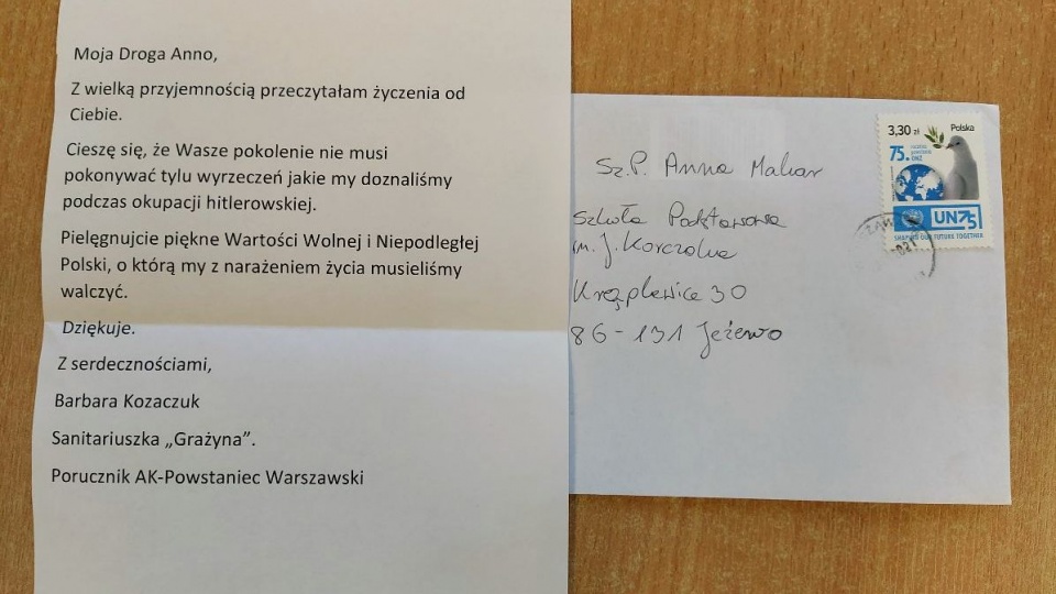 List z podziękowaniami od pani Barbary Kozaczuk. Fot. Marcin Doliński