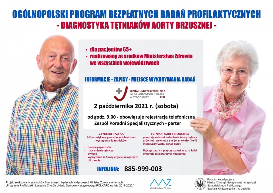 Plakat promujący bezpłatne badania w kierunku wykrywania tętniaka aorty brzusznej. Grafika: Nadesłana