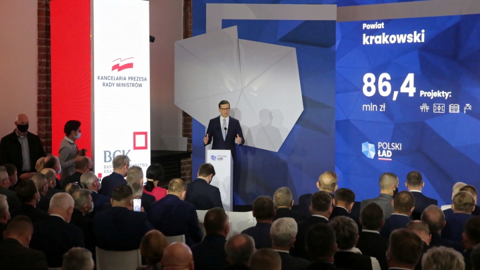 Premier Mateusz Morawiecki podczas konferencji „Rządowego Funduszu Polski Ład: Program Inwestycji Strategicznych” na Zamku w Nidzicy/fot. Tomasz Waszczuk, PAP