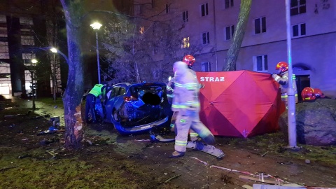 Śmiertelny wypadek na r. Ossolińskich w Bydgoszczy. Kierowca w ogromną siłą wpadł na barierki./fot. Bydgoszcz 998