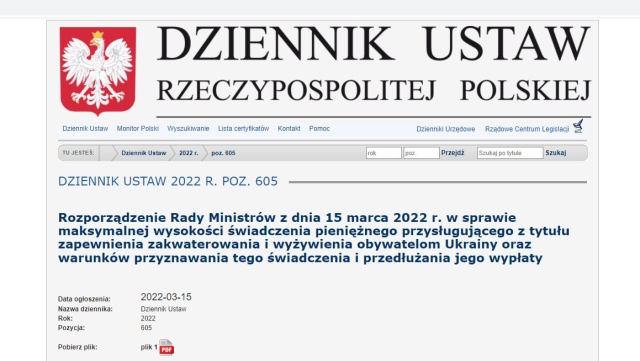 W Dzienniku Ustaw opublikowano rozporządzenie ws. wysokości świadczenia dla pomagających obywatelom Ukrainy