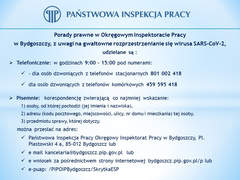 Informacja Okręgowego Inspektoratu Pracy w Bydgoszczy. Grafika: nadesłąna