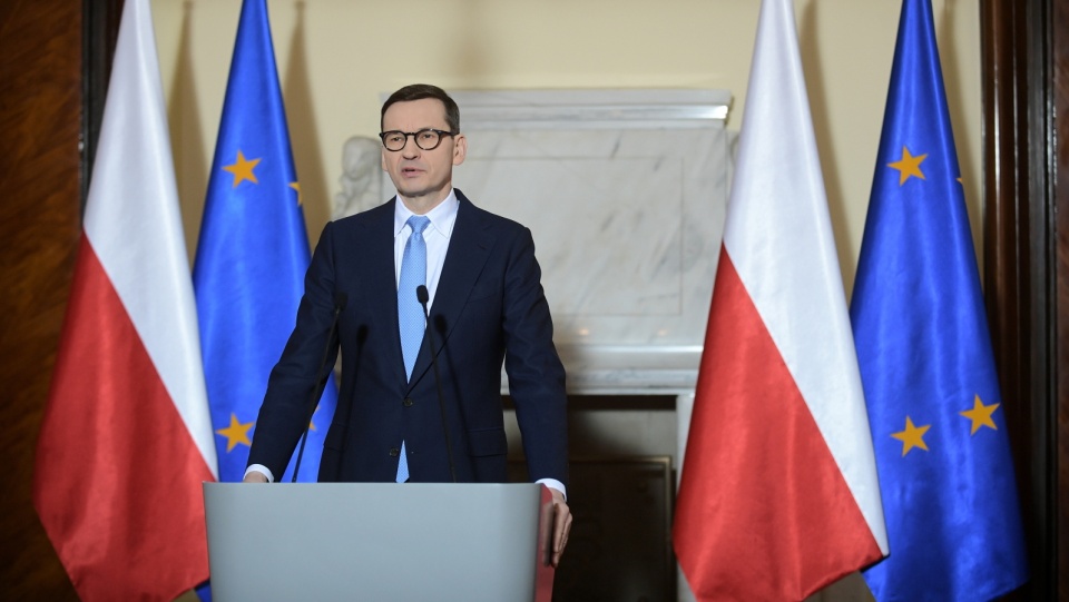 Premier Mateusz Morawiecki podczas konferencji prasowej w siedzibie Kancelarii Prezesa Rady Ministrów w Warszawie. Fot. PAP/Marcin Obara