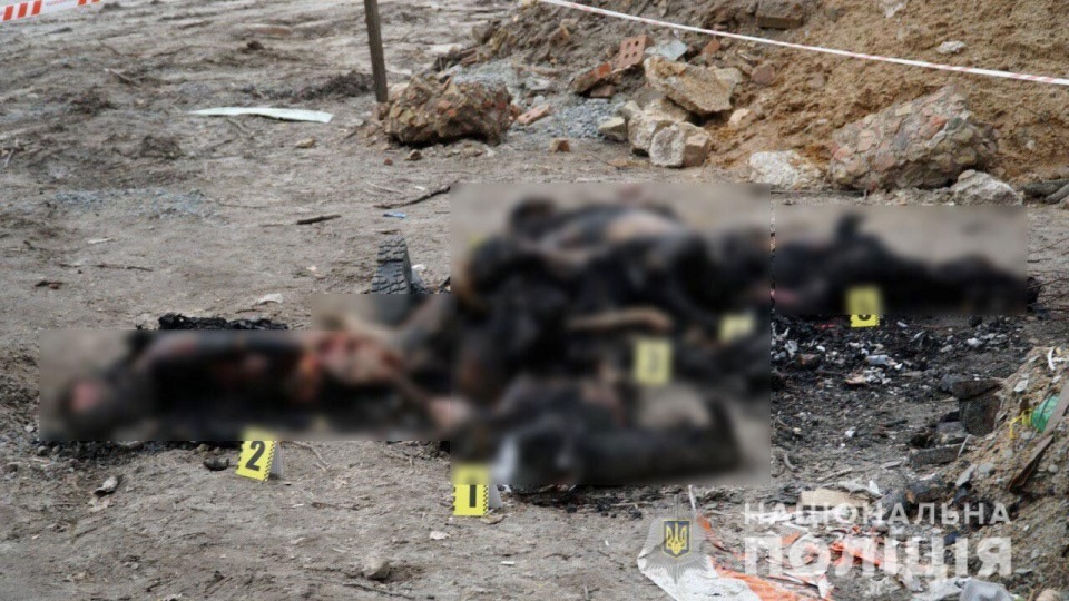 Miejsce masowego mordu ludności cywilnej przez Rosjan w Buczy/fot. PAP, Główna Dyrekcja Policji Narodowej w Kijowie