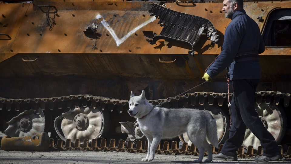 Mężczyzna z psem w pobliżu spalonego rosyjskiego transportera opancerzonego we wsi Katiużanka w rejonie Kijowa, która została odbita przez wojska ukraińskie. Fot. PAP/EPA