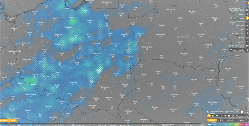 Tak wyglądała deszczowa mapa Polski ok. godz. 11:00 w poniedziałek, 13 czerwca.Windy.com