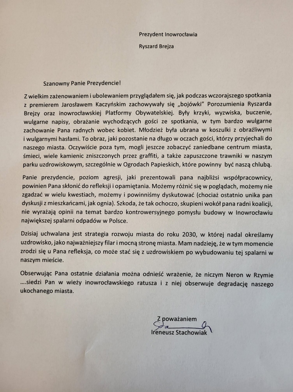 List otwarty Ireneusza Stachowiaka (Solidarna Polska)