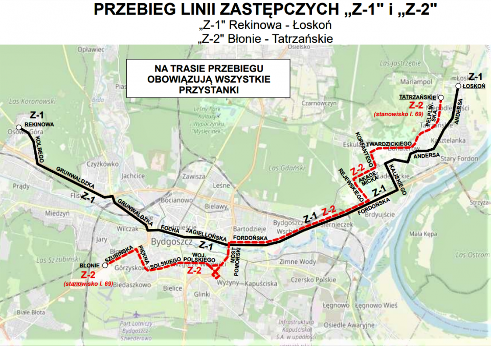 Zastępcza linia Z1 była najdłuższą w historii Bydgoszczy. Łączyła Fordon z Osową Górą i miała 25 km w jedną stronę./fot. ZDMiKP Bydgoszcz