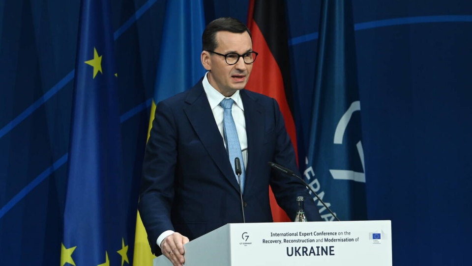 Premier Mateusz Morawiecki podczas konferencji na temat odbudowy Ukrainy w Berlinie/fot. Marcin Bielecki, PAP