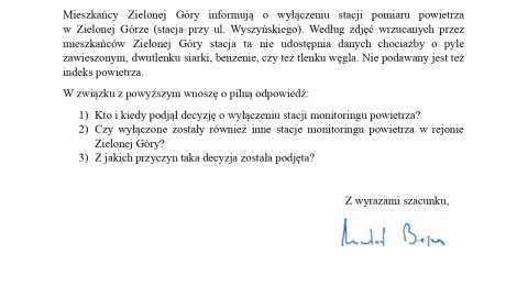 Pisma wysłane przez senatora Brejzę do WIOŚ i Minister Klimatu i Środowiska/fot: nadesłane przez biuro senatorskie Krzysztofa Brejzy