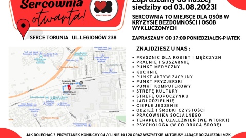 Sercownia mieści się przy ulicy Legionów 23, można tu przychodzić od poniedziałek do piątku między 17.00 a 19.00/plakat Stowarzyszenia Serca Torunia