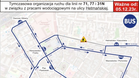 Od wtorku 5 grudnia w związku z pracami wodociągowymi Od wtorku 5 grudnia (w związku z pracami wodociągowymi) wprowadzone zostaną korekty na liniach 52, 55, 60, 64, 67, 71, 77 oraz 31N/mat. ZDMiKP w Bydgoszczy